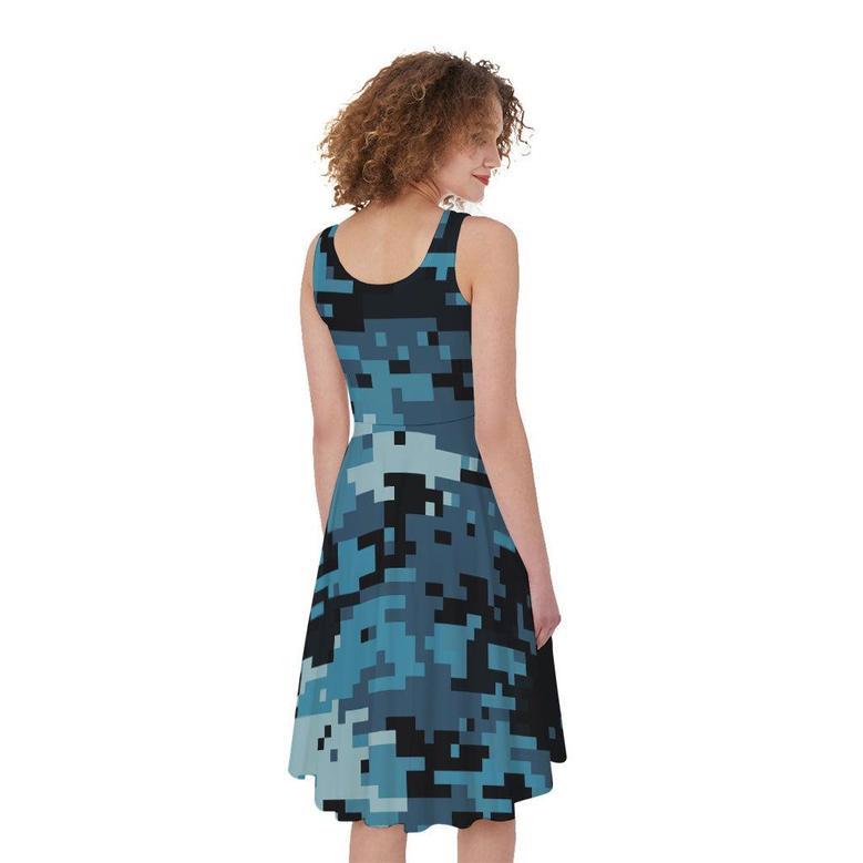 Blue And Black Digital Camo Print Sleeveless Knee Length Dress