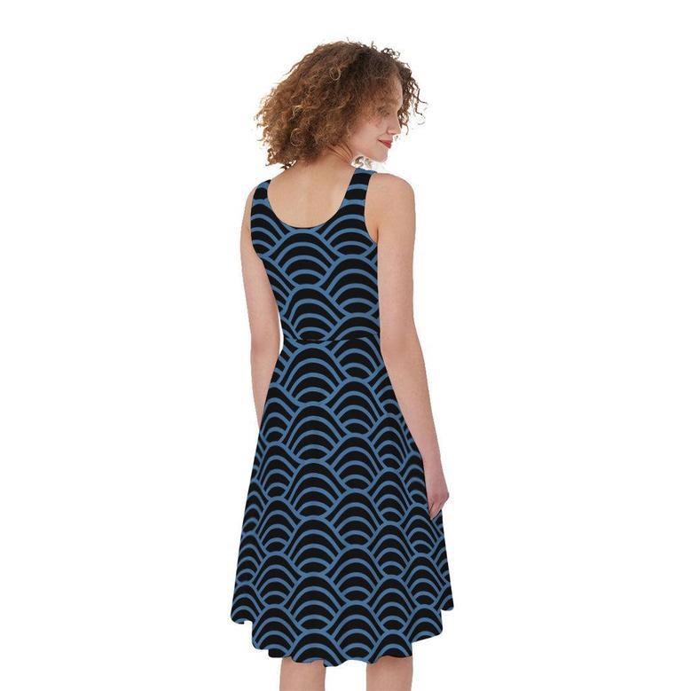 Blue And Black Japanese Pattern Print Sleeveless Knee Length Dress