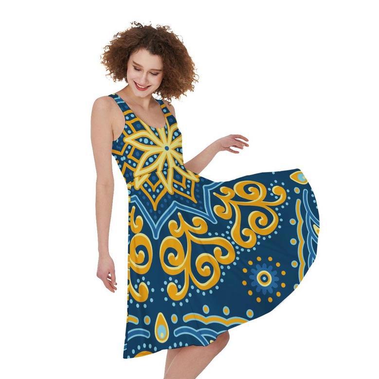 Blue And Gold Bohemian Mandala Print Sleeveless Knee Length Dress