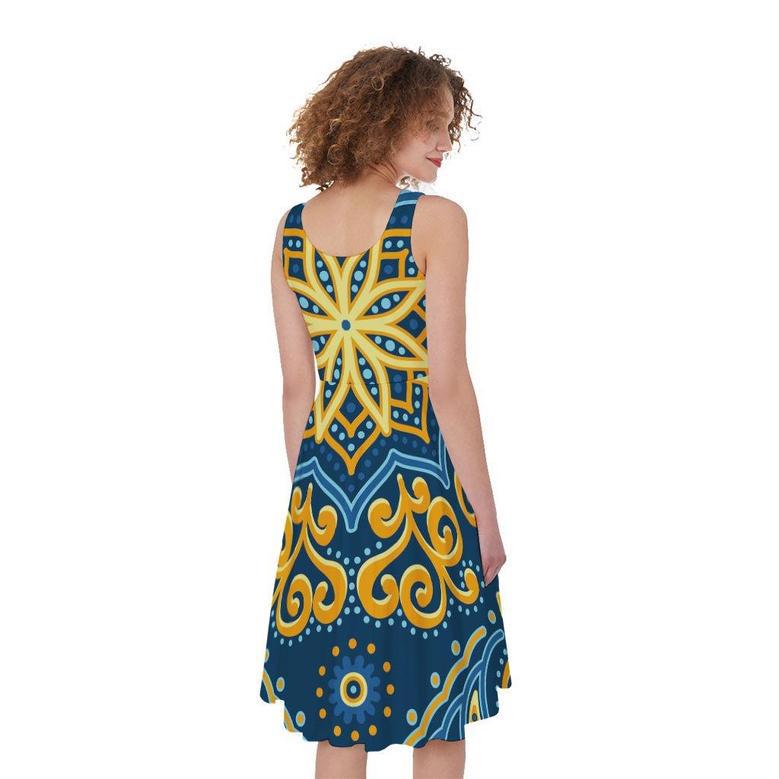 Blue And Gold Bohemian Mandala Print Sleeveless Knee Length Dress