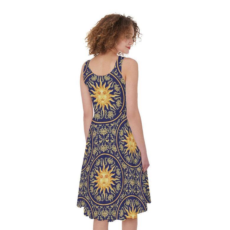 Blue And Gold Celestial Pattern Print Sleeveless Knee Length Dress