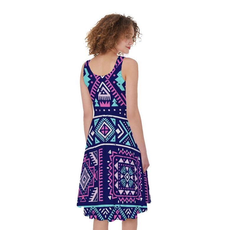 Blue And Pink Aztec Pattern Print Sleeveless Knee Length Dress