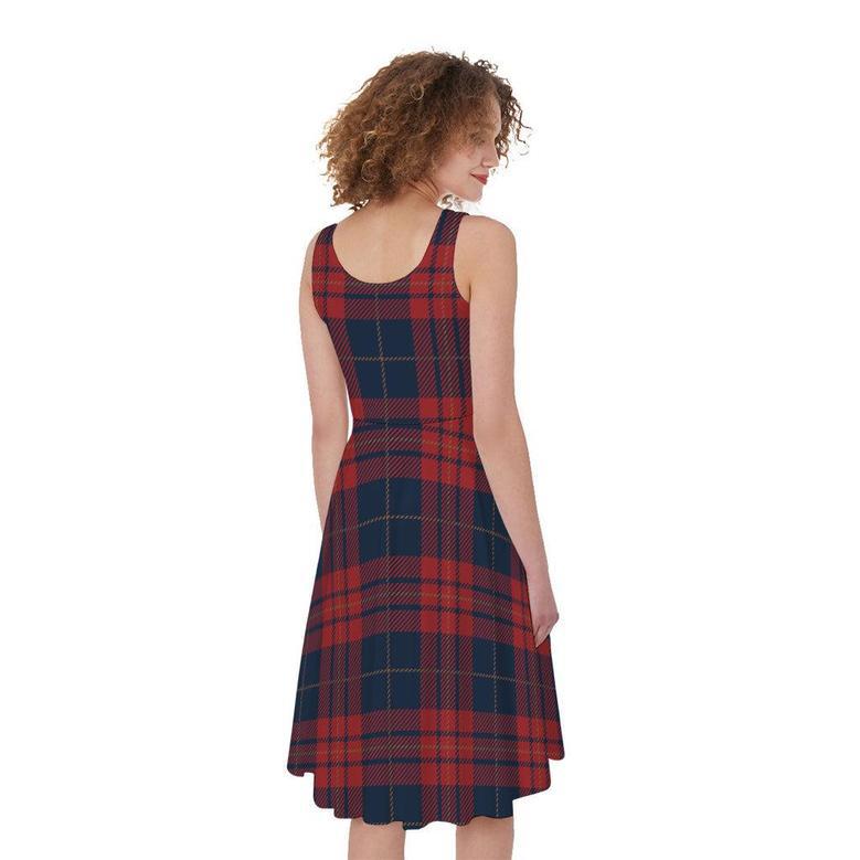 Blue And Red Tartan Pattern Print Sleeveless Knee Length Dress