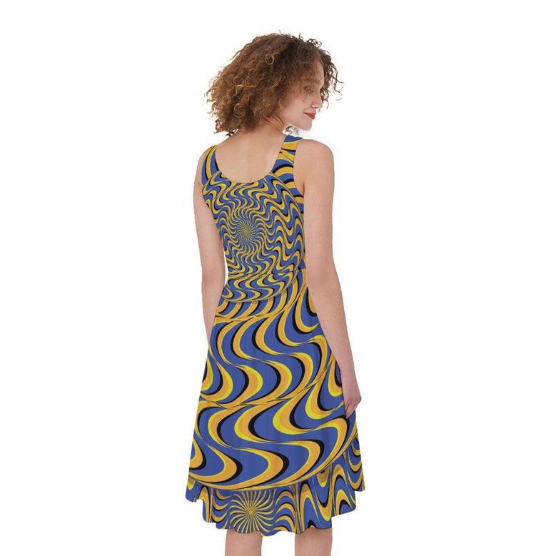 Blue And Yellow Motion Illusion Print Sleeveless Knee Length Dress