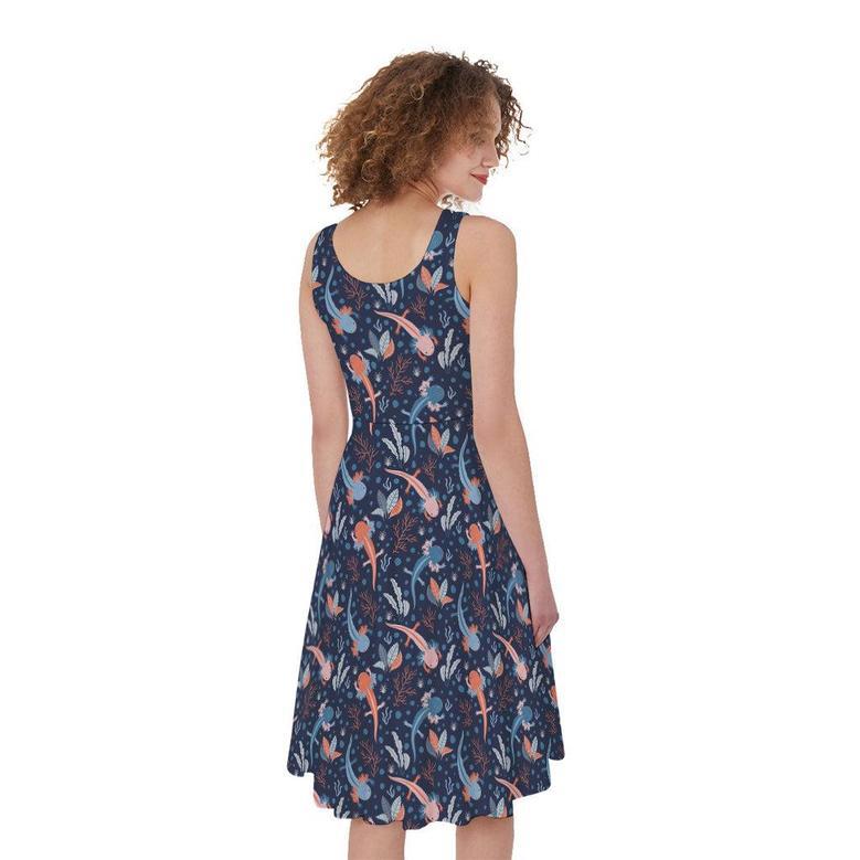 Blue Axolotl Pattern Print Sleeveless Knee Length Dress