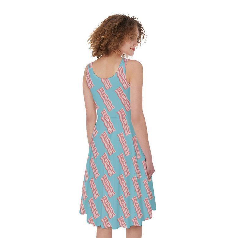 Blue Bacon Pattern Print Sleeveless Knee Length Dress