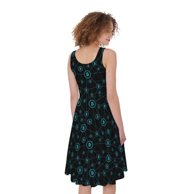 Blue Bitcoin Pattern Print Sleeveless Knee Length Dress