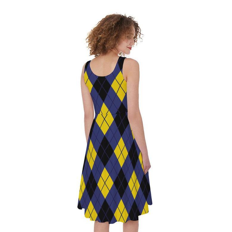 Blue Black And Yellow Argyle Print Sleeveless Knee Length Dress