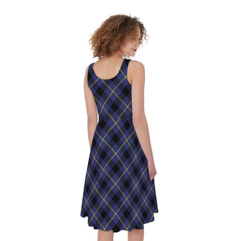 Blue Black And Yellow Plaid Print Sleeveless Knee Length Dress