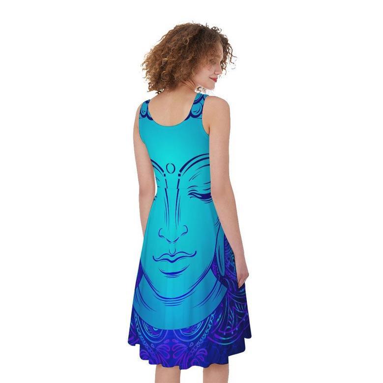 Blue Buddha Print Sleeveless Knee Length Dress