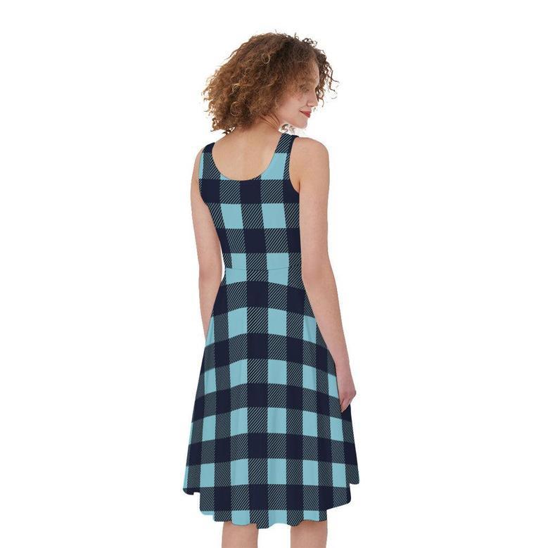 Blue Buffalo Check Pattern Print Sleeveless Knee Length Dress