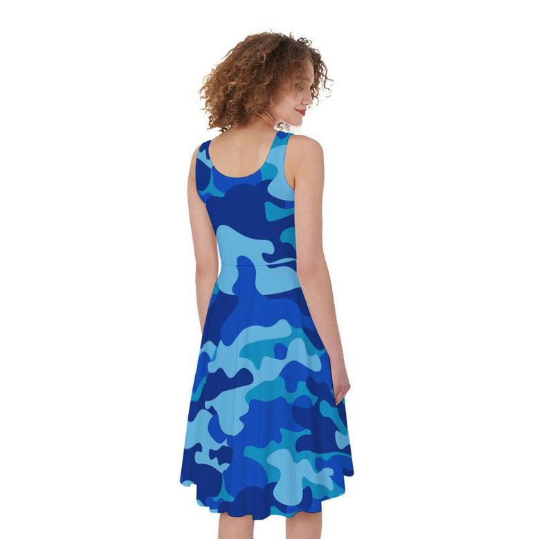 Blue Camouflage Print Sleeveless Knee Length Dress