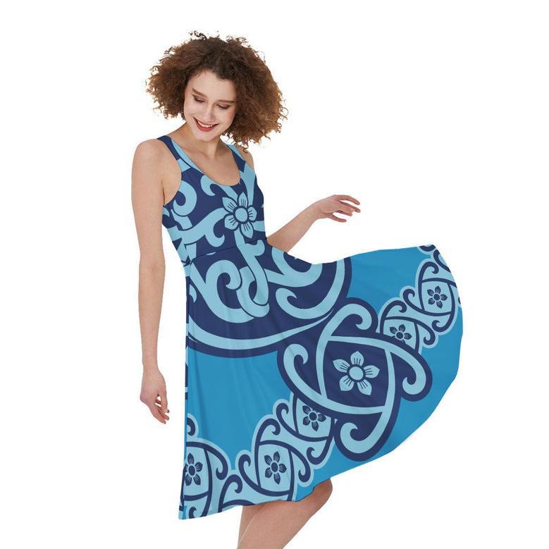 Blue Celtic Symbol Print Sleeveless Knee Length Dress