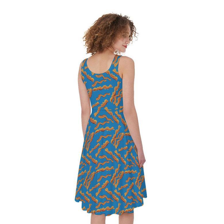 Blue Crispy Bacon Pattern Print Sleeveless Knee Length Dress