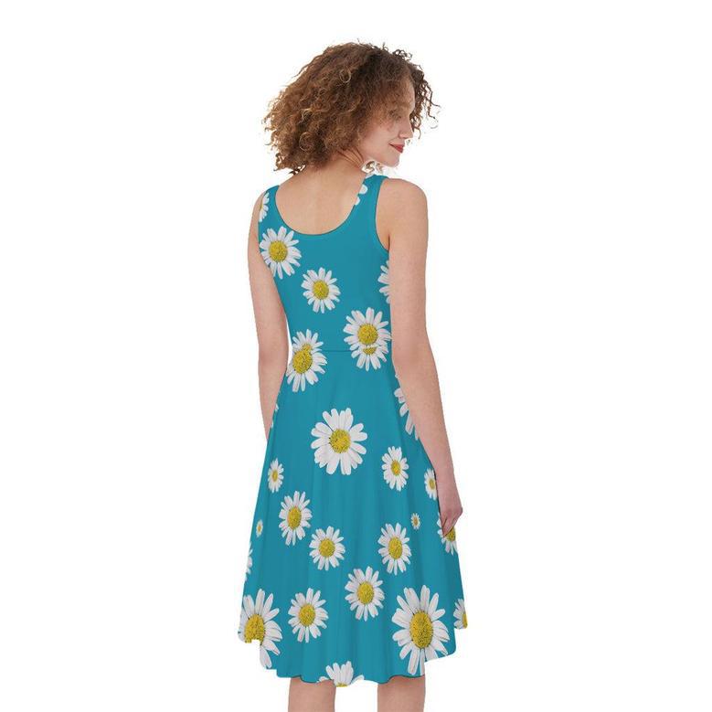 Blue Daisy Flower Pattern Print Sleeveless Knee Length Dress