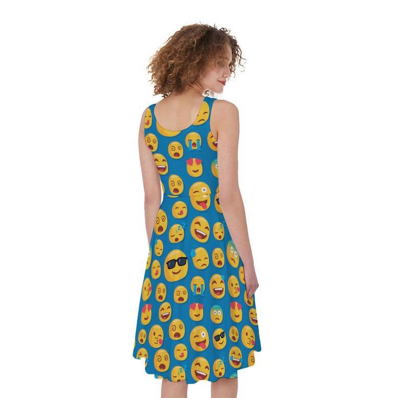 Blue Emoji Pattern Print Sleeveless Knee Length Dress