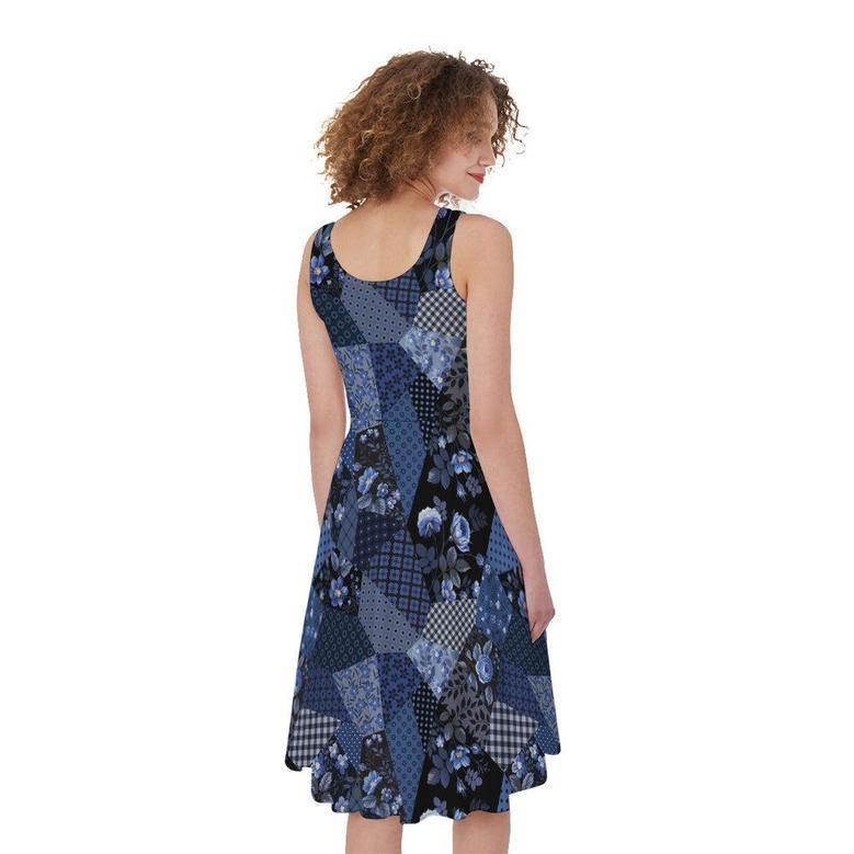 Blue Flower Patchwork Pattern Print Sleeveless Knee Length Dress