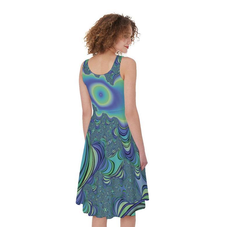 Blue Fractal Print Sleeveless Knee Length Dress