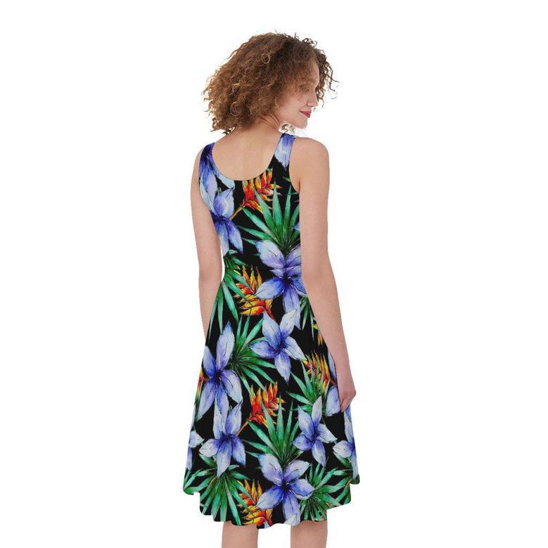 Blue Hawaiian Wildflowers Pattern Print Sleeveless Knee Length Dress