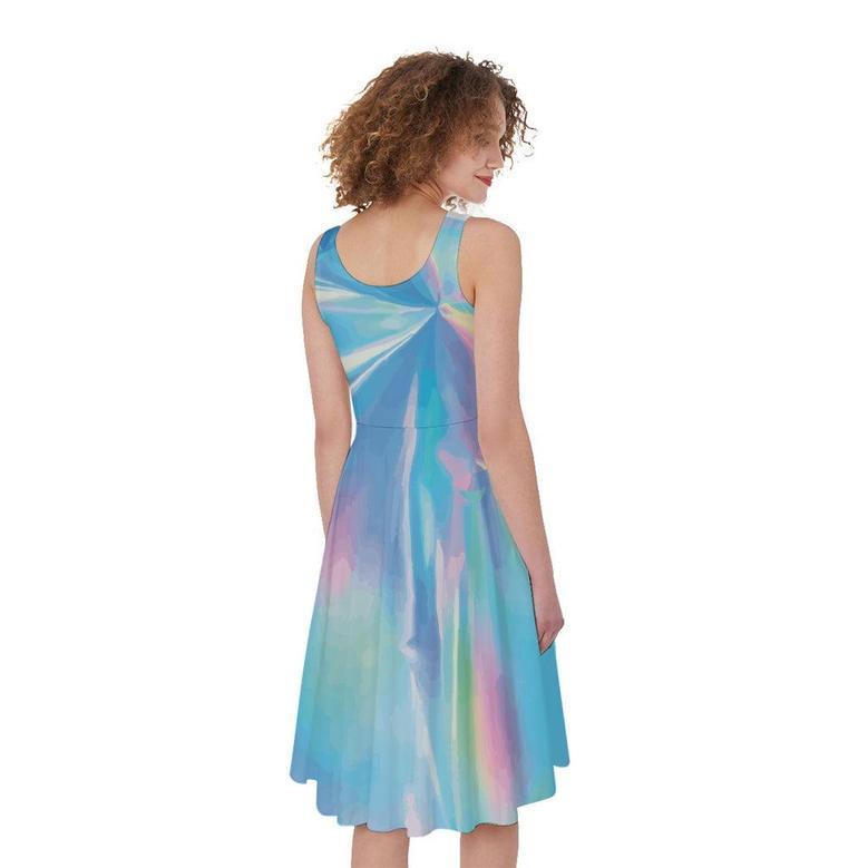 Blue Holographic Print Sleeveless Knee Length Dress