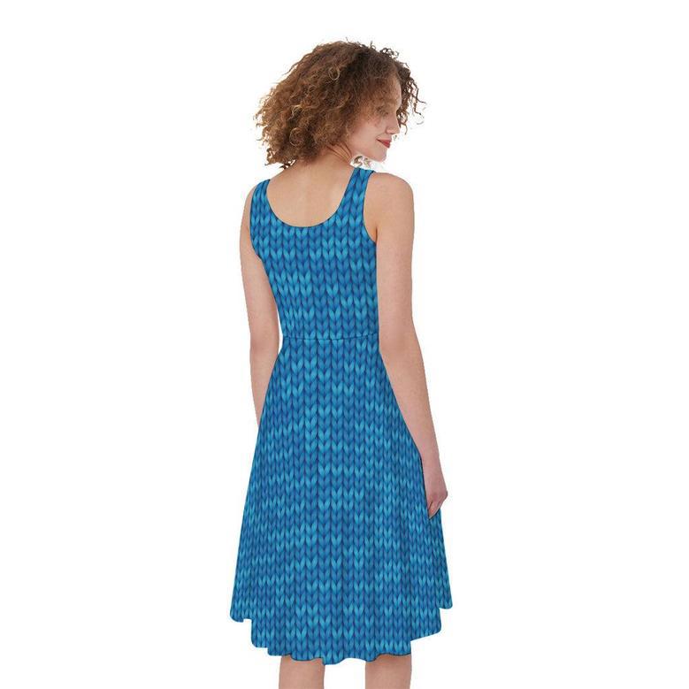 Blue Knitted Pattern Print Sleeveless Knee Length Dress