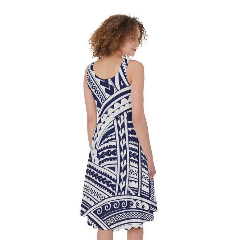 Blue Maori Polynesian Tattoo Print Sleeveless Knee Length Dress