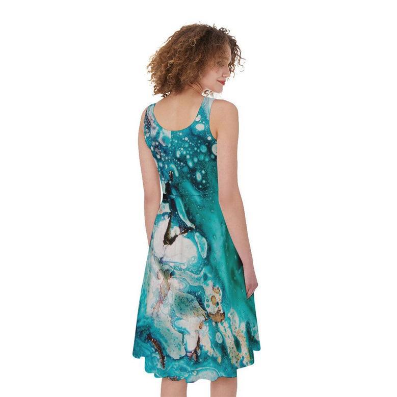 Blue Ocean Acid Melt Print Sleeveless Knee Length Dress