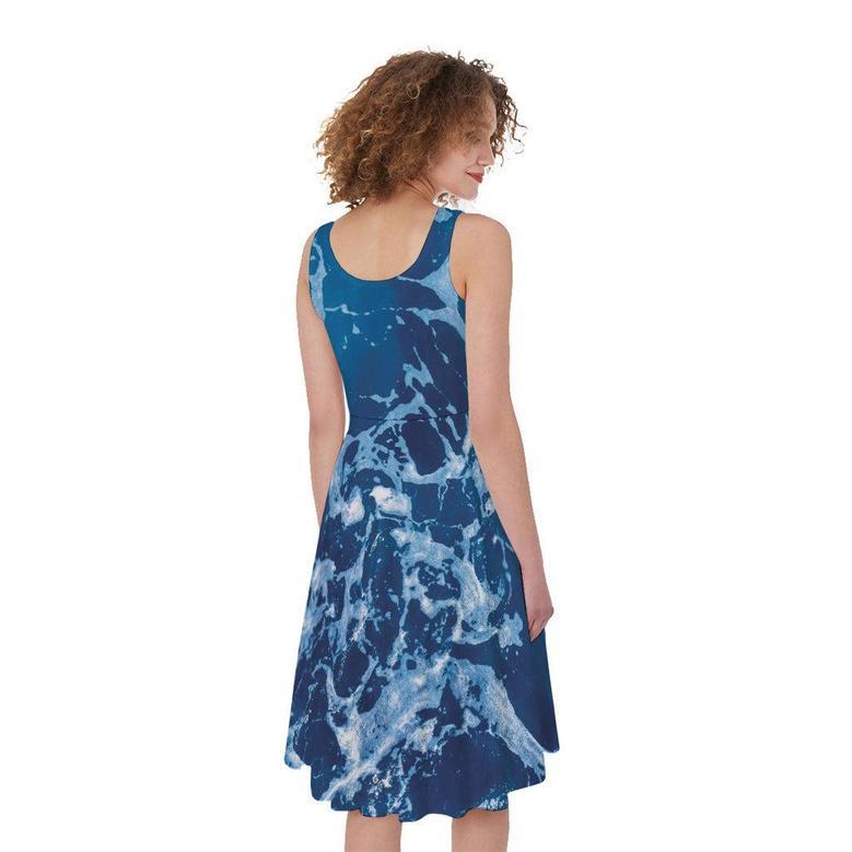 Blue Ocean Print Sleeveless Knee Length Dress