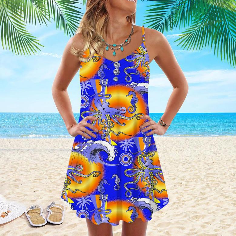 Blue Octopus Spaghetti Strap Summer Dress