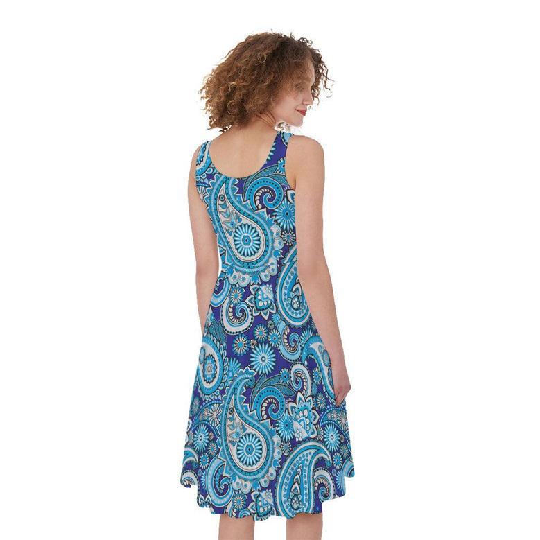 Blue Paisley Pattern Print Sleeveless Knee Length Dress