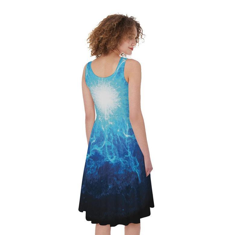 Blue Plasma Energy Print Sleeveless Knee Length Dress