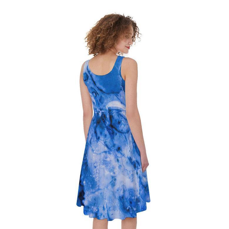 Blue Sapphire Marble Print Sleeveless Knee Length Dress