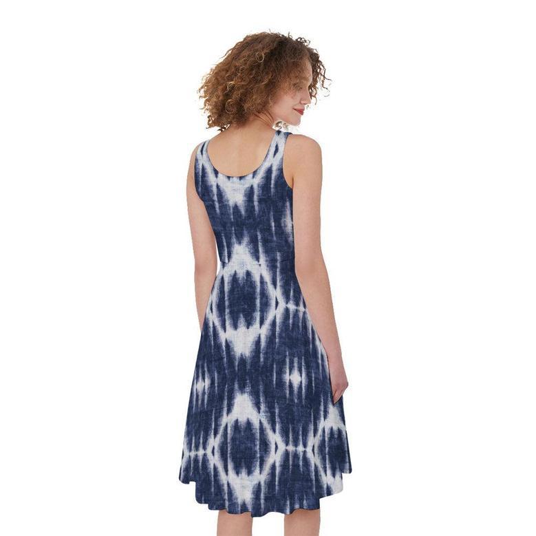 Blue Shibori Print Sleeveless Knee Length Dress