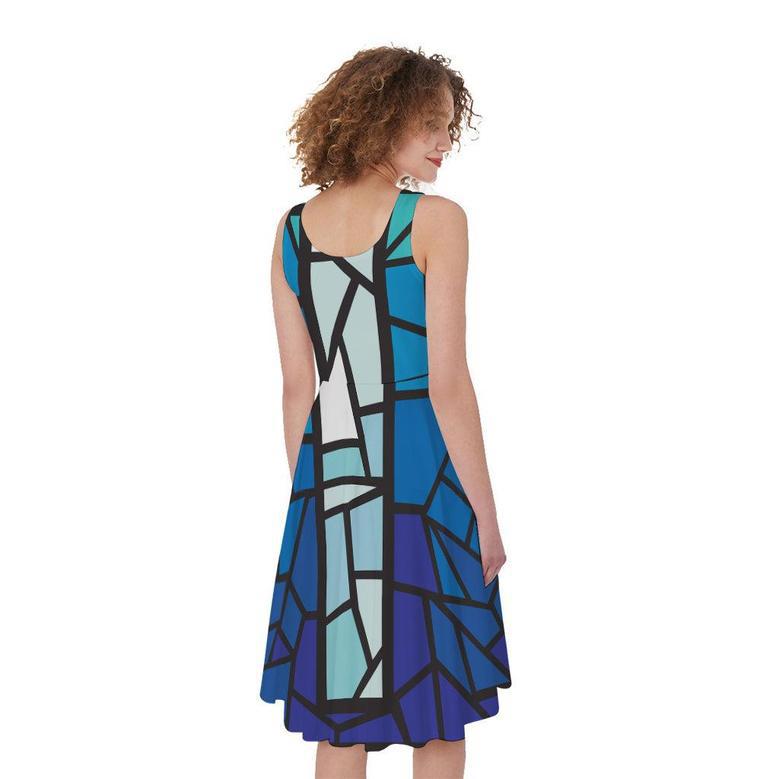 Blue Stained Glass Cross Print Sleeveless Knee Length Dress