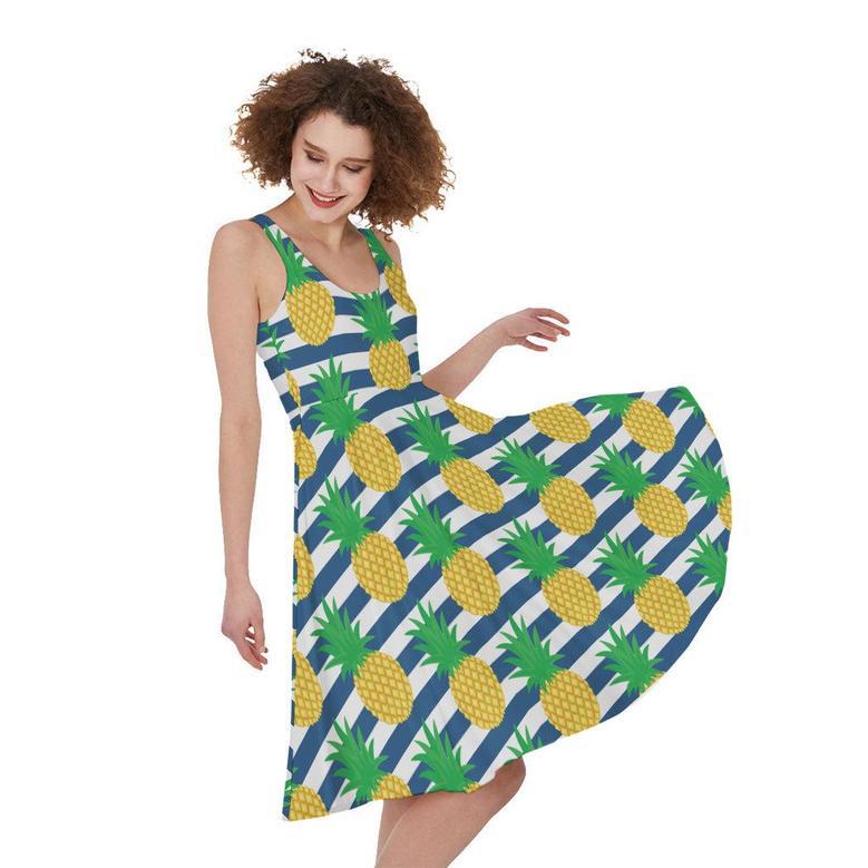 Blue Striped Pineapple Pattern Print Sleeveless Knee Length Dress