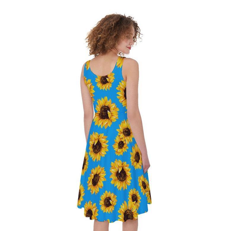 Blue Sunflower Pattern Print Sleeveless Knee Length Dress