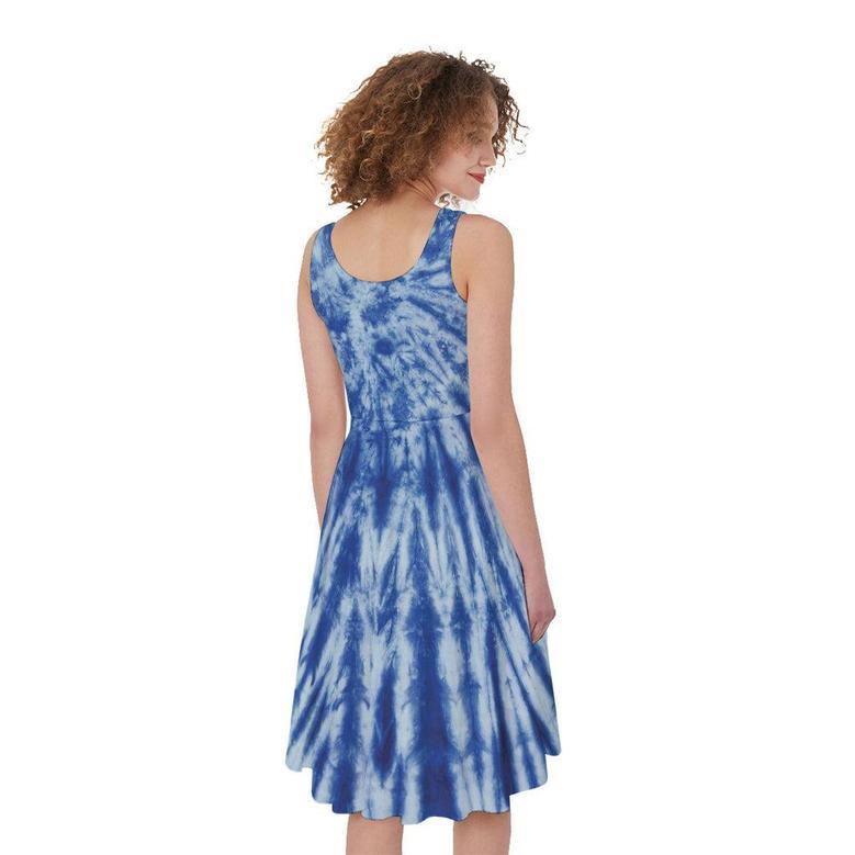 Blue Tie Dye Print Sleeveless Knee Length Dress