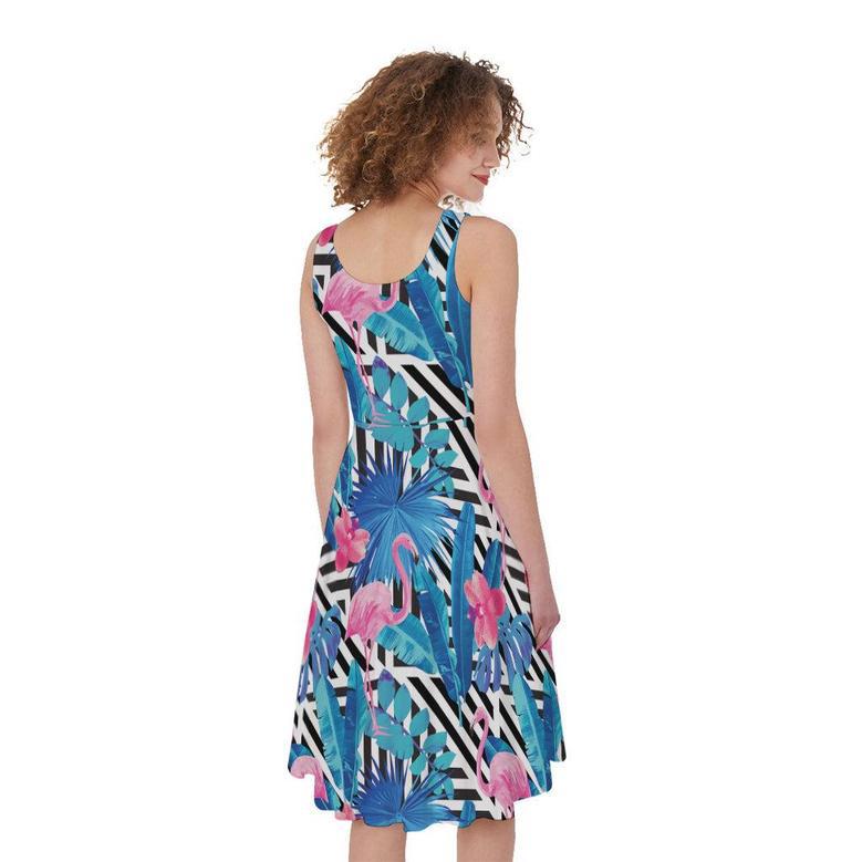 Blue Tropical And Pink Flamingo Print Sleeveless Knee Length Dress