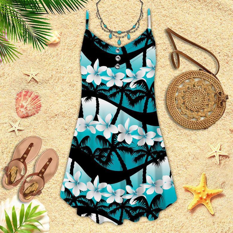 Blue Tropical Flowers With Palm Tree Spaghetti Strap Summer Dress