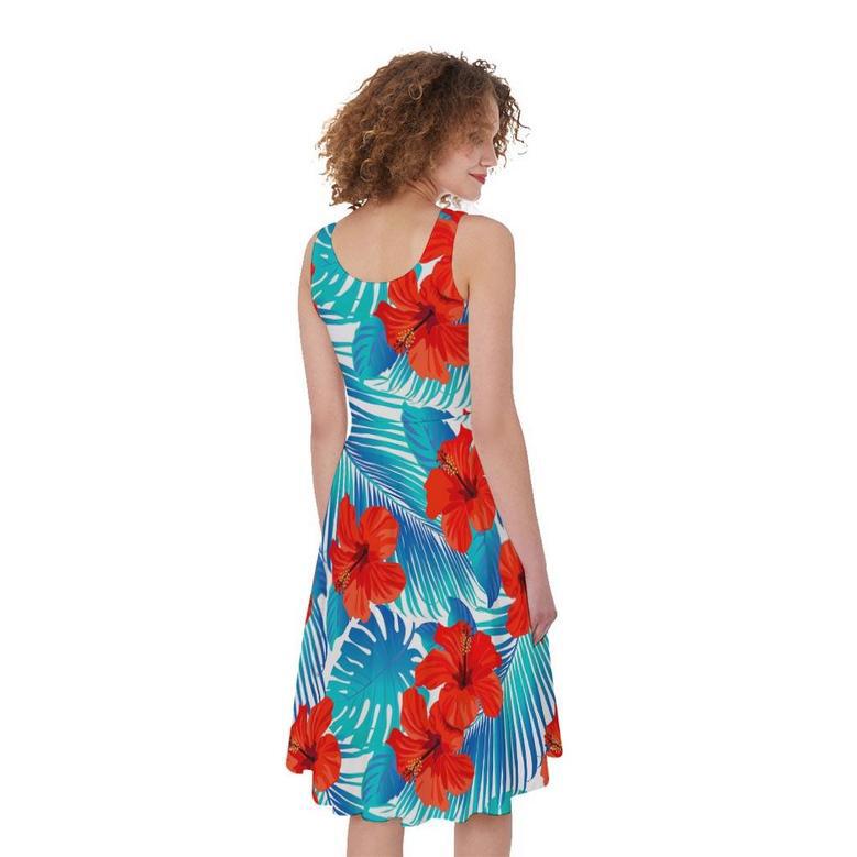 Blue Tropical Hibiscus Pattern Print Sleeveless Knee Length Dress