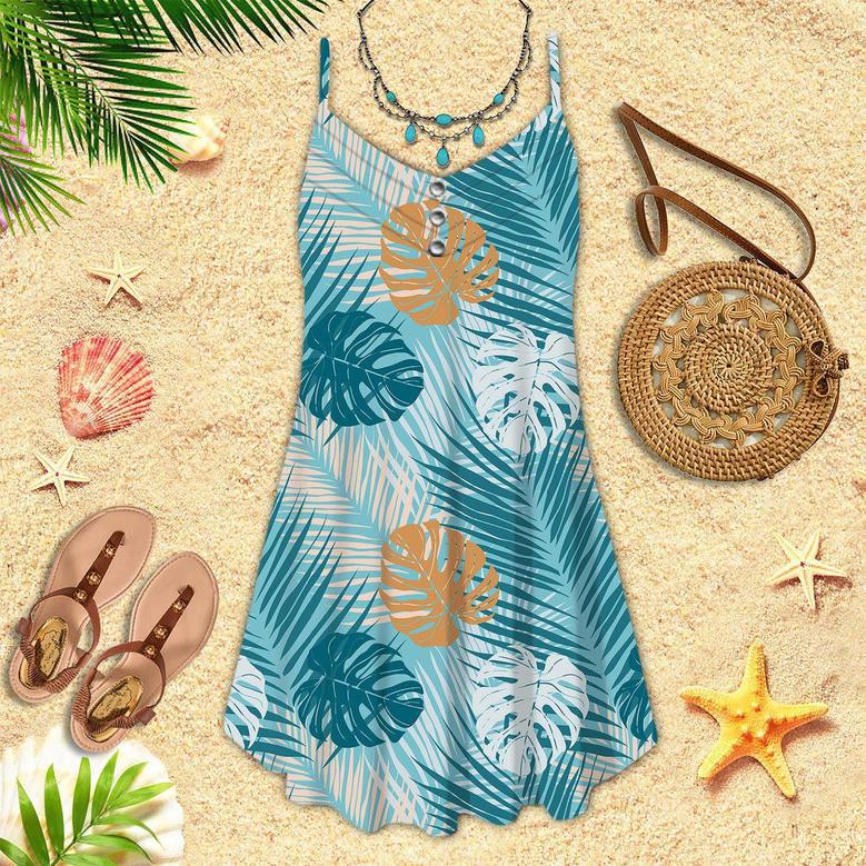 Blue Tropical Leaves Pattern Spaghetti Strap Summer Dress