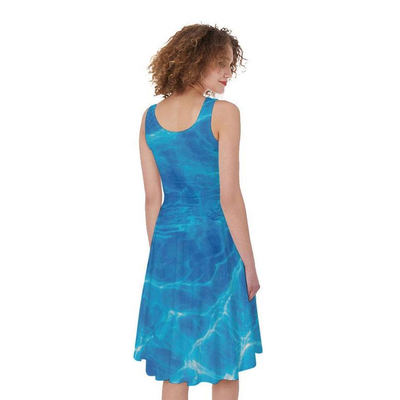 Blue Water Surface Print Sleeveless Knee Length Dress