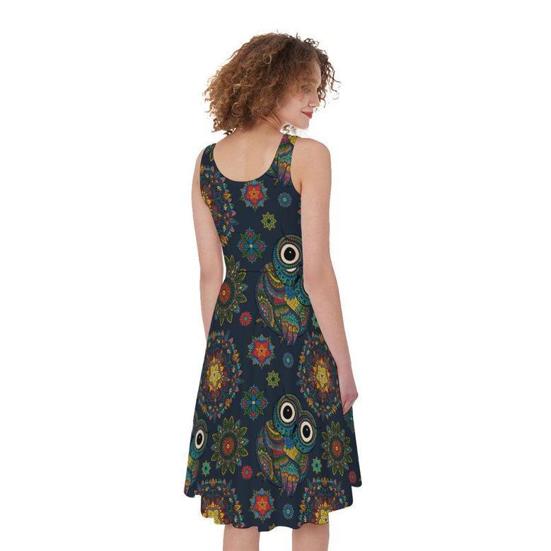 Bohemian Owl Pattern Print Sleeveless Knee Length Dress