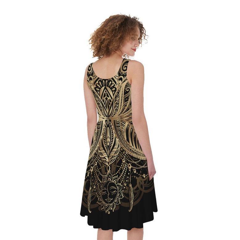 Boho Spiritual Lotus Print Sleeveless Knee Length Dress