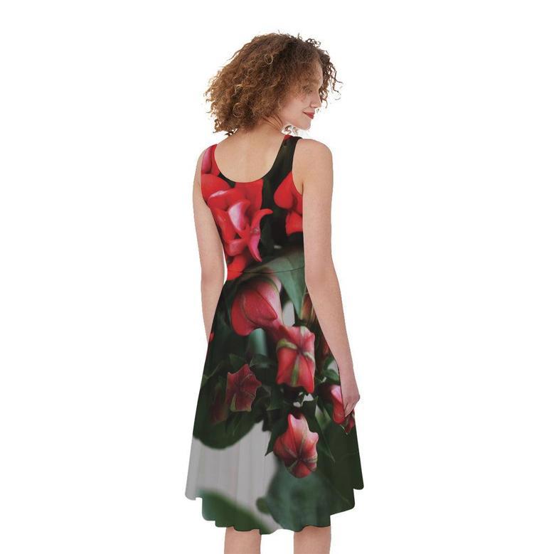 Bouvardia Flower Print Sleeveless Knee Length Dress