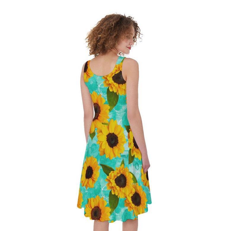 Bright Sunflower Pattern Print Sleeveless Knee Length Dress