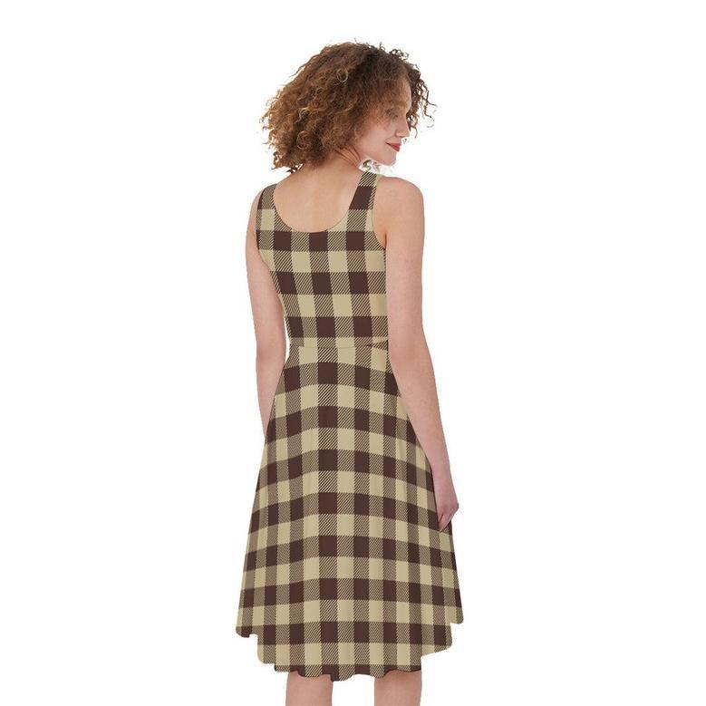 Brown And Beige Buffalo Check Print Sleeveless Knee Length Dress