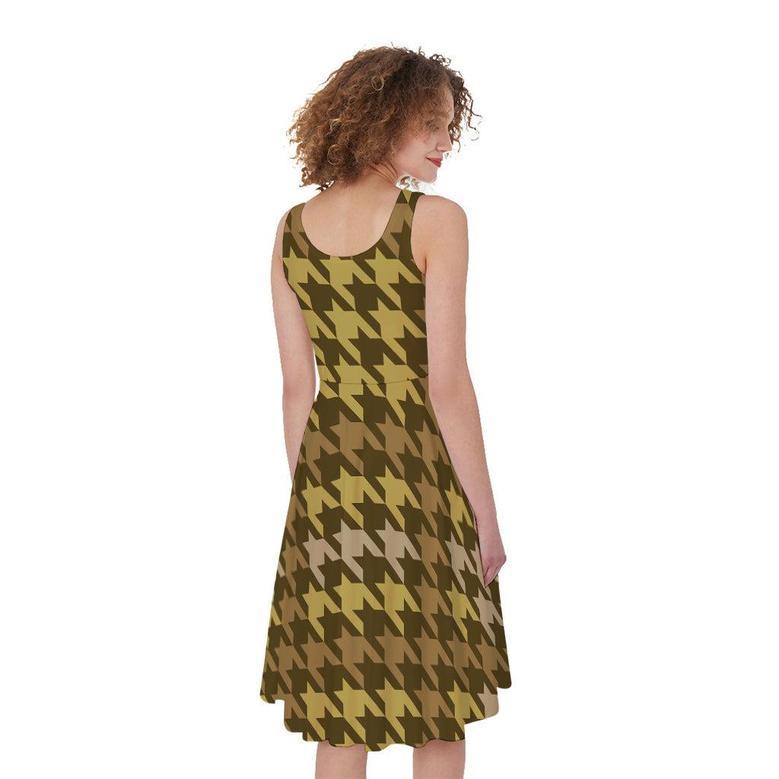 Brown And Tan Houndstooth Pattern Print Sleeveless Knee Length Dress