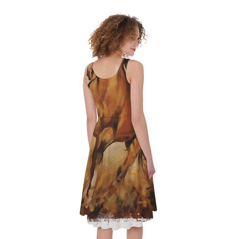 Brown Horse Painting Print Sleeveless Knee Length Dress