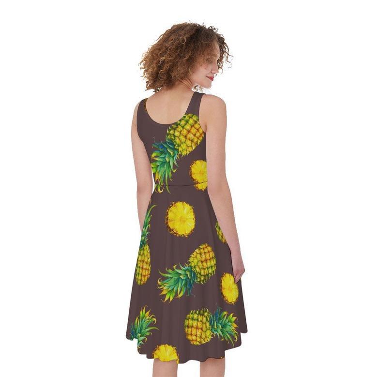 Brown Pineapple Pattern Print Sleeveless Knee Length Dress